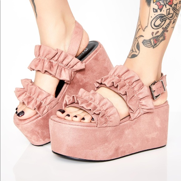 Dolls Kill Shoes - Dolls Kill Ruffled Fate Platform Sandals Pink